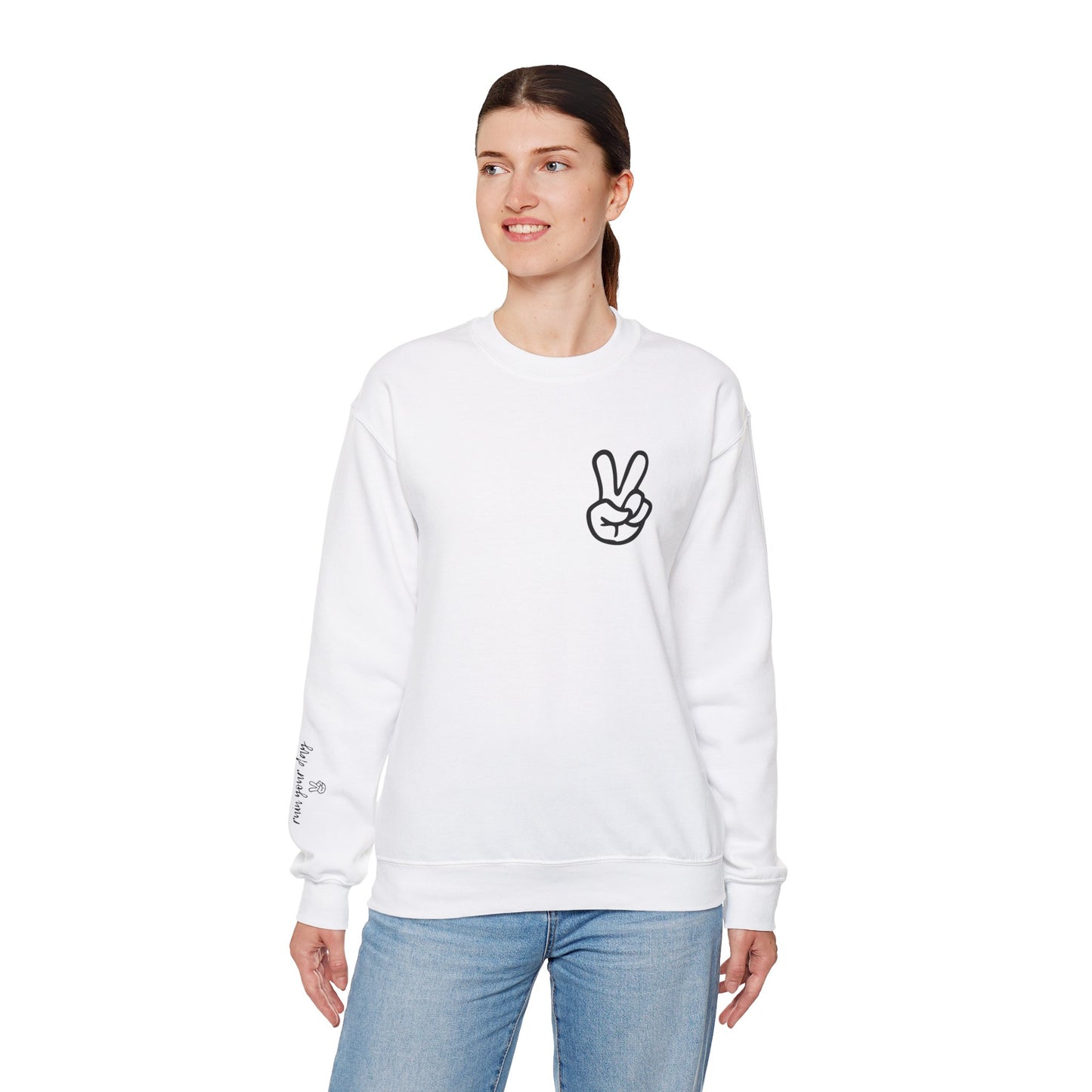 Peace Sign [Sleeve Message] (Adult Unisex Crewneck Sweatshirt)